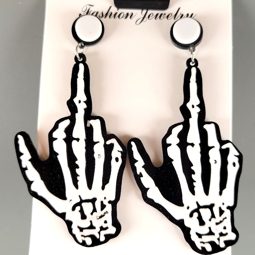 Skeleton Hand Earring Middle Finger Drop Statement Jewelry Punk Goth 3" NWT Edgy